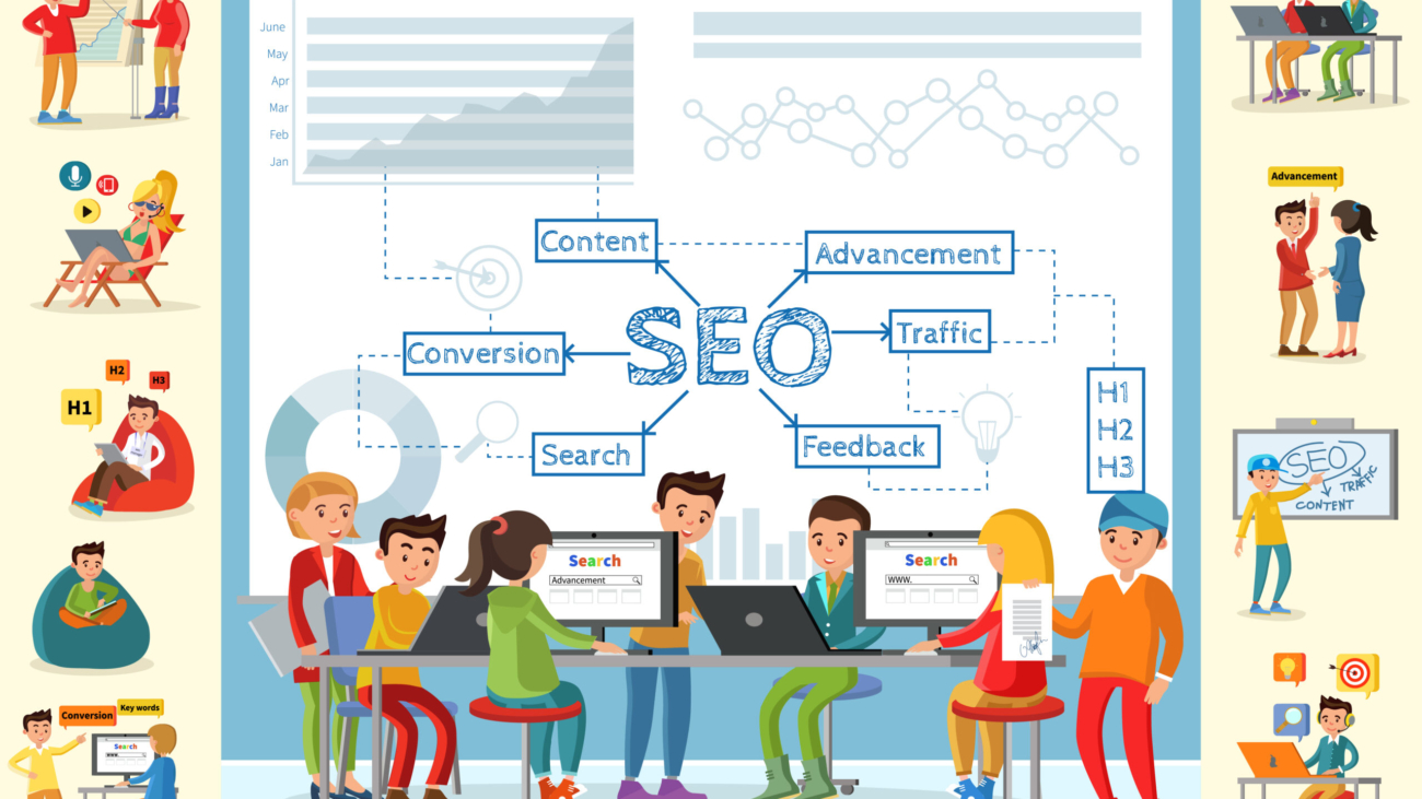 Business analysis infographic concept with people working in office on optimization of main seo strategy indicators vector illustration