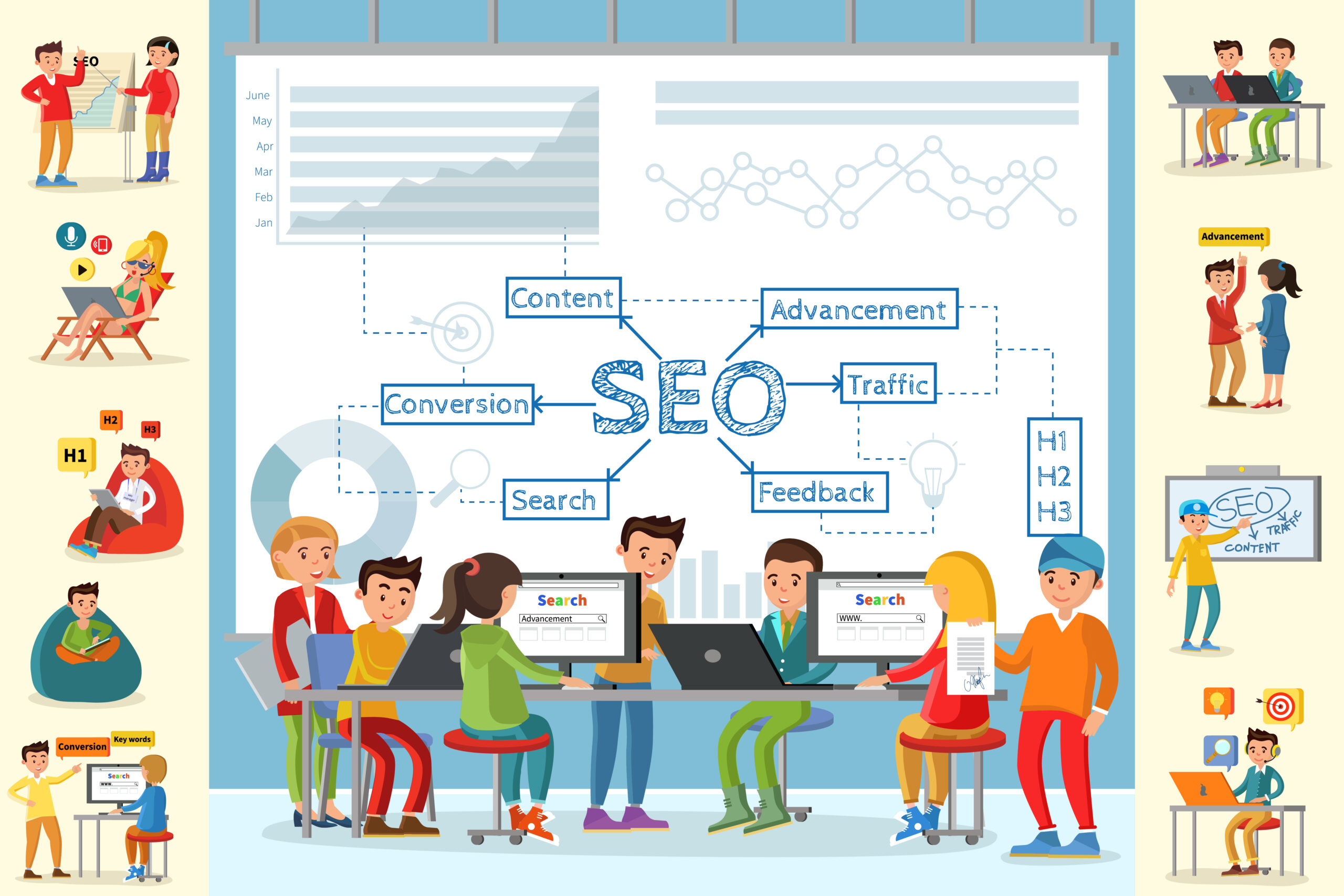 Business analysis infographic concept with people working in office on optimization of main seo strategy indicators vector illustration
